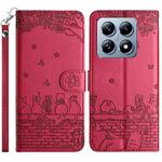 For Xiaomi 14T Cat Embossing Pattern Leather Phone Case with Lanyard(Red)