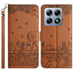 For Xiaomi 14T Pro Cat Embossing Pattern Leather Phone Case with Lanyard(Brown)