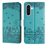 For Samsung Galaxy A36 5G Cat Embossing Pattern Leather Phone Case with Lanyard(Blue)