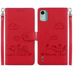 For Nokia C12 Cute Cats RFID Leather Phone Case(Red)