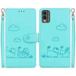 For Nokia C32 Cute Cats RFID Leather Phone Case(Green)