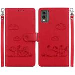 For Nokia C32 Cute Cats RFID Leather Phone Case(Red)