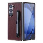 For Samsung Galaxy Z Fold6 Plating Frame PU Fold Phone Case with Pen(Brown)