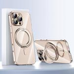 For iPhone 16 Pro Plating PC 360 Ring Holder Magsafe Phone Case(Clear Gold)