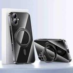 For iPhone 16 Plus Plating PC 360 Ring Holder Magsafe Phone Case(Clear Black)