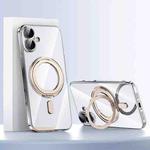 For iPhone 16 Plus Plating PC 360 Ring Holder Magsafe Phone Case(Clear Gold)