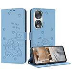 For Honor 90 Embossed Kitten Phone Leather Case with Lanyard(Blue)