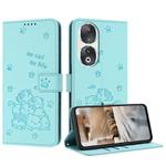 For Honor 90 Embossed Kitten Phone Leather Case with Lanyard(Mint Green)