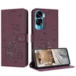 For Honor 90 Lite / X50i 5G Embossed Kitten Phone Leather Case with Lanyard(Wine Red)