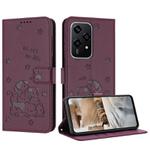For Honor 200 Lite 5G Global Embossed Kitten Phone Leather Case with Lanyard(Wine Red)