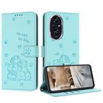 For Honor 200 Pro 5G Embossed Kitten Phone Leather Case with Lanyard(Mint Green)