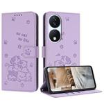 For Honor X7b 4G / 5G Embossed Kitten Phone Leather Case with Lanyard(Purple)