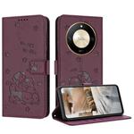 For Honor X50 / X9b Embossed Kitten Phone Leather Case with Lanyard(Wine Red)