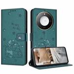 For Honor X60 / X9c Smart Embossed Kitten Phone Leather Case with Lanyard(Dark Green)