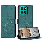 For Honor X8c 4G Embossed Kitten Phone Leather Case with Lanyard(Dark Green)