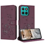 For Honor X8c 4G Embossed Kitten Phone Leather Case with Lanyard(Wine Red)