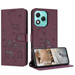 For Honor 400 Lite Embossed Kitten Phone Leather Case with Lanyard(Wine Red)