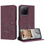 For Honor X6c 4G Embossed Kitten Phone Leather Case with Lanyard(Wine Red)