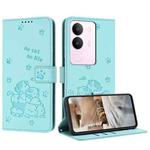 For vivo S17 / S17 Pro / S17t Embossed Kitten Phone Leather Case with Lanyard(Mint Green)