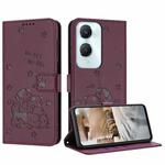 For vivo Y03 4G / Y18 / Y18e Embossed Kitten Phone Leather Case with Lanyard(Wine Red)