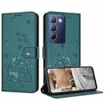 For vivo Y100 IDN / Y200e 5G Global Embossed Kitten Phone Leather Case with Lanyard(Dark Green)