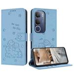 For vivo Y19s Embossed Kitten Phone Leather Case with Lanyard(Blue)