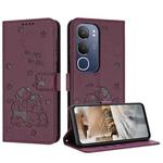 For vivo Y19s Embossed Kitten Phone Leather Case with Lanyard(Wine Red)