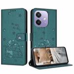 For OPPO A3x 5G India / A3 4G Embossed Kitten Phone Leather Case with Lanyard(Dark Green)