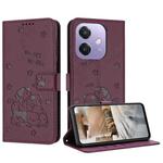 For OPPO A3x 5G India / A3 4G Embossed Kitten Phone Leather Case with Lanyard(Wine Red)