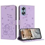 For OPPO A58 4G Embossed Kitten Phone Leather Case with Lanyard(Purple)