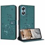 For OPPO A58 4G Embossed Kitten Phone Leather Case with Lanyard(Dark Green)