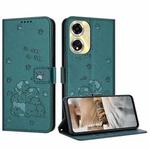 For OPPO A59 5G Global Embossed Kitten Phone Leather Case with Lanyard(Dark Green)