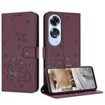 For OPPO A60 4G Global Embossed Kitten Phone Leather Case with Lanyard(Wine Red)