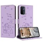 For OPPO A74 5G / A93 5G Embossed Kitten Phone Leather Case with Lanyard(Purple)