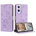 For OPPO Reno7 Z Global Embossed Kitten Phone Leather Case with Lanyard(Purple)