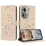 For OPPO Reno11 5G Global Embossed Kitten Phone Leather Case with Lanyard(Beige)