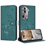 For OPPO Reno11 Pro Global Embossed Kitten Phone Leather Case with Lanyard(Dark Green)