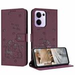 For OPPO Reno13 F 5G / 4G Embossed Kitten Phone Leather Case with Lanyard(Wine Red)