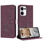 For OPPO Reno13 5G Global Embossed Kitten Phone Leather Case with Lanyard(Wine Red)