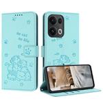 For OPPO Reno13 Pro 5G Global Embossed Kitten Phone Leather Case with Lanyard(Mint Green)