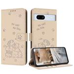 For Google Pixel 7a Embossed Kitten Phone Leather Case with Lanyard(Beige)