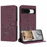 For Google Pixel 8 Embossed Kitten Phone Leather Case with Lanyard(Wine Red)