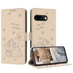 For Google Pixel 9a Embossed Kitten Phone Leather Case with Lanyard(Beige)