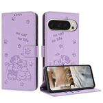 For Google Pixel 10 Pro XL Embossed Kitten Phone Leather Case with Lanyard(Purple)