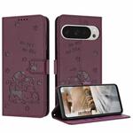 For Google Pixel 10 Pro XL Embossed Kitten Phone Leather Case with Lanyard(Wine Red)