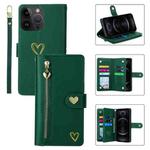 For iPhone 12 Pro POLA Love Multi-Card Slots Zipper Wallet Leather Phone Case(Dark Green)