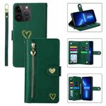 For iPhone 13 Pro POLA Love Multi-Card Slots Zipper Wallet Leather Phone Case(Dark Green)
