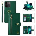 For iPhone 13 Pro Max POLA Love Multi-Card Slots Zipper Wallet Leather Phone Case(Dark Green)