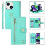 For iPhone 14 POLA Love Multi-Card Slots Zipper Wallet Leather Phone Case(Light Green)