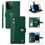 For iPhone 14 Pro Max POLA Love Multi-Card Slots Zipper Wallet Leather Phone Case(Dark Green)